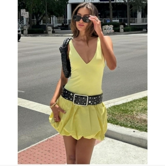 New Zara Mixed Ballon Yellow Mini Dress NWOT Size XS Blogger Influencer Favorite - Picture 3 of 16